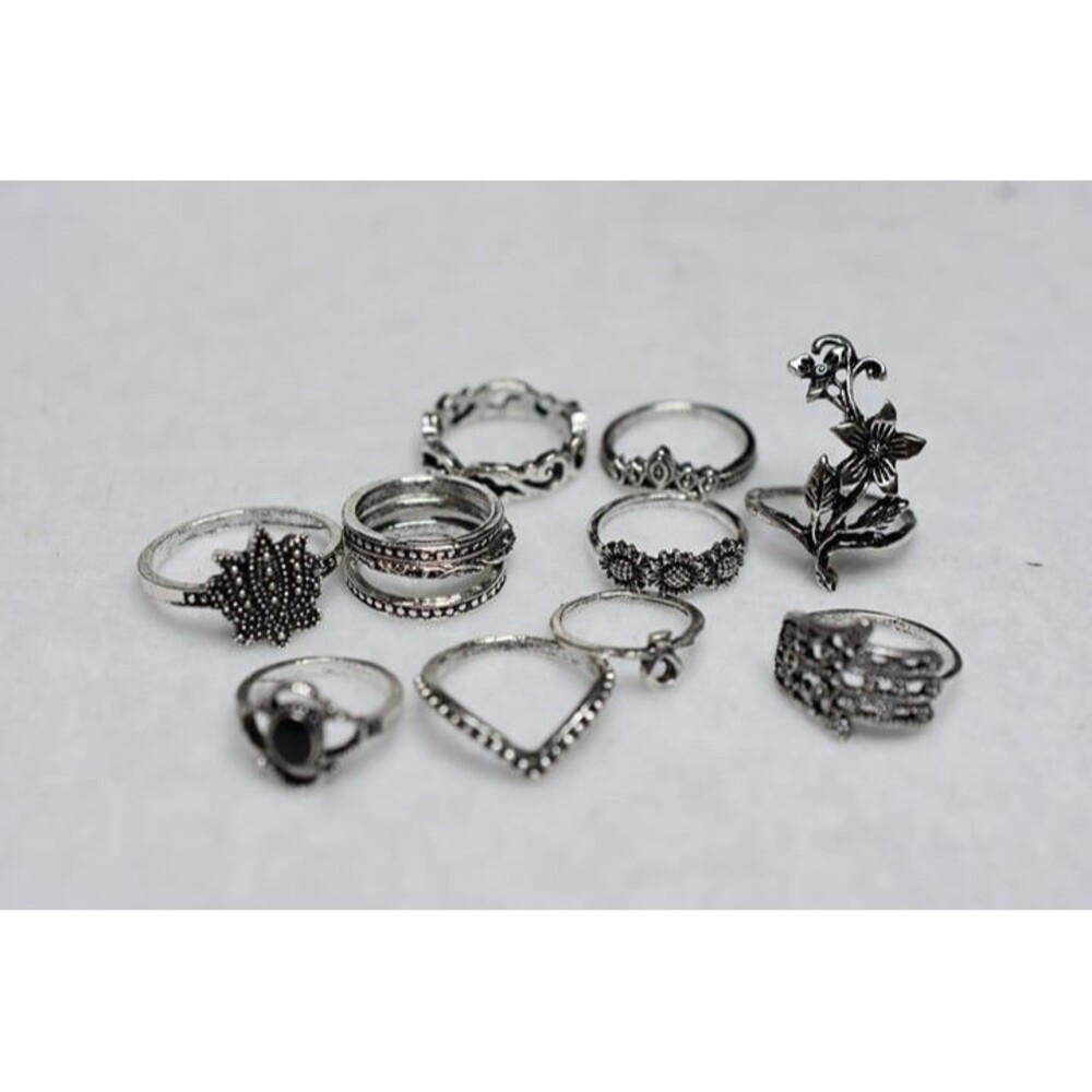 Goth Renfest Retro Chic 11pc Set Silver Tone Rings Sizes 7-8